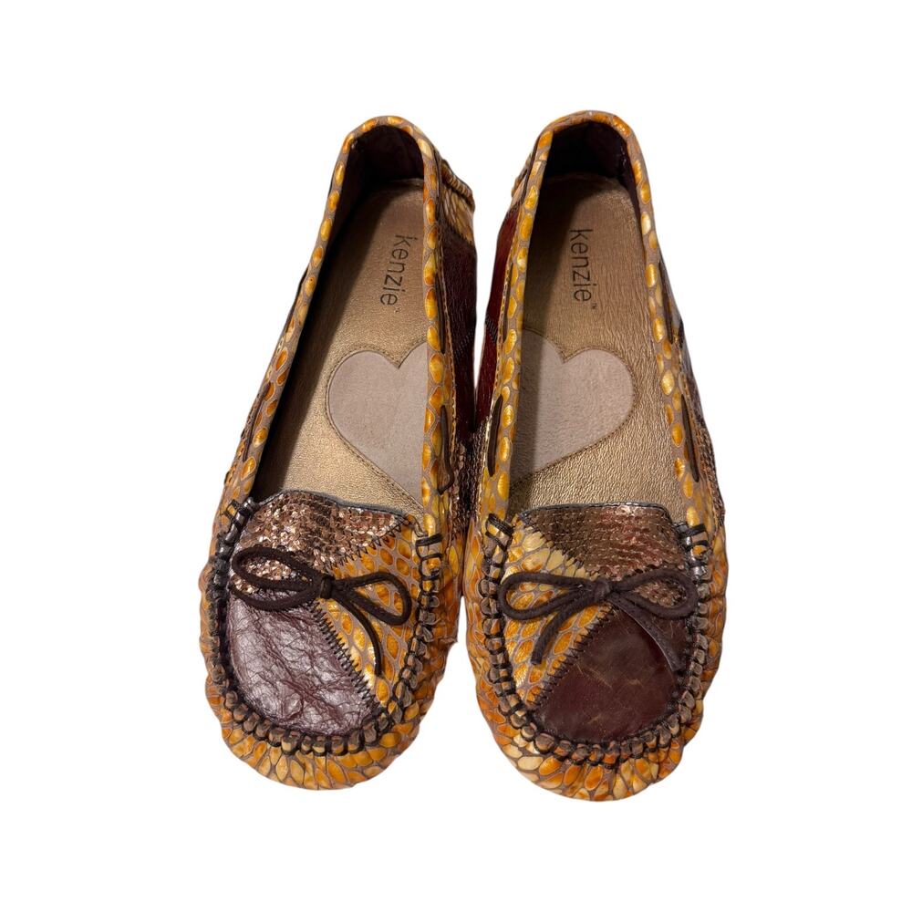 Kenzie Devia Patchwork Leather Loafers Women's 7.5 Slip-On Brown Gold Sequin NEW